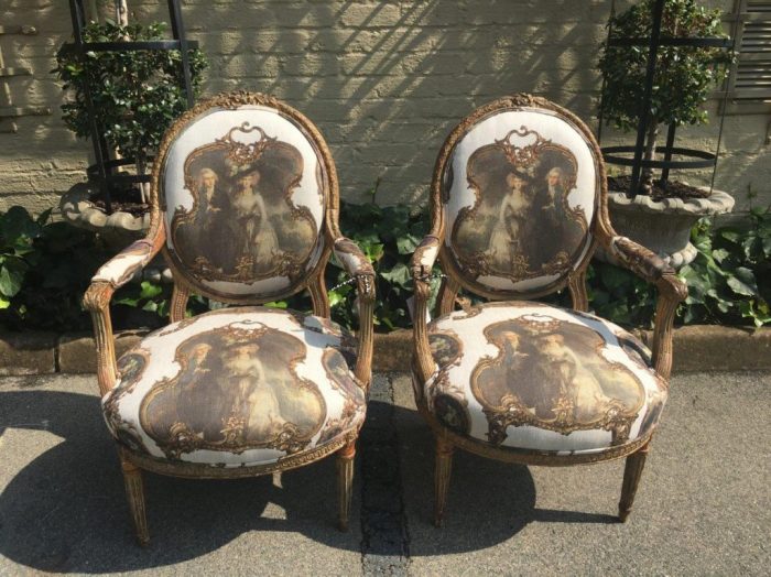 Pair French Louis Style Salon Giltwood Armchairs