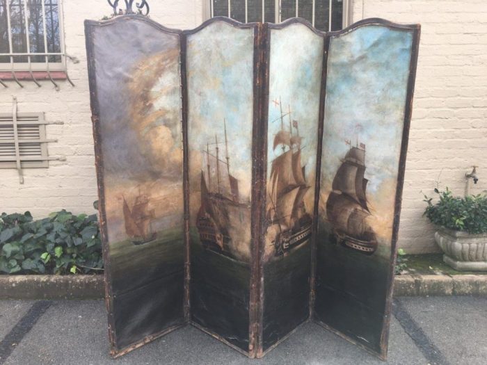 Antique Painted 4 Panel Screen - Ships