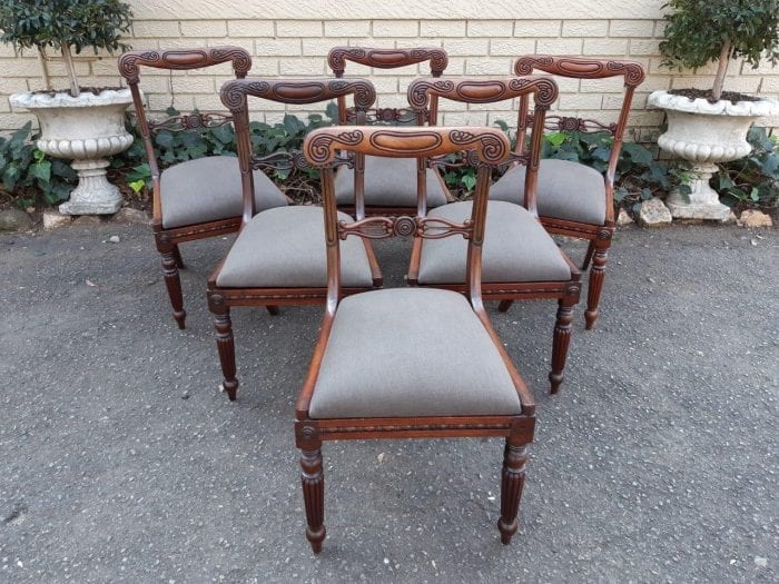 Set of Six William IV Rosewood Dining Chairs - the Top Rails Carved with Foliage & Gadrooning