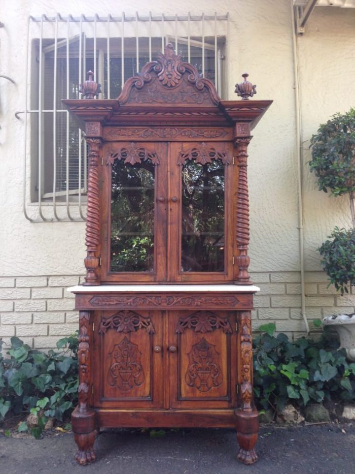 Rare 19TH Century Renaissance solid walnut buffet hutch server with marble top. Italian. Circa 1800