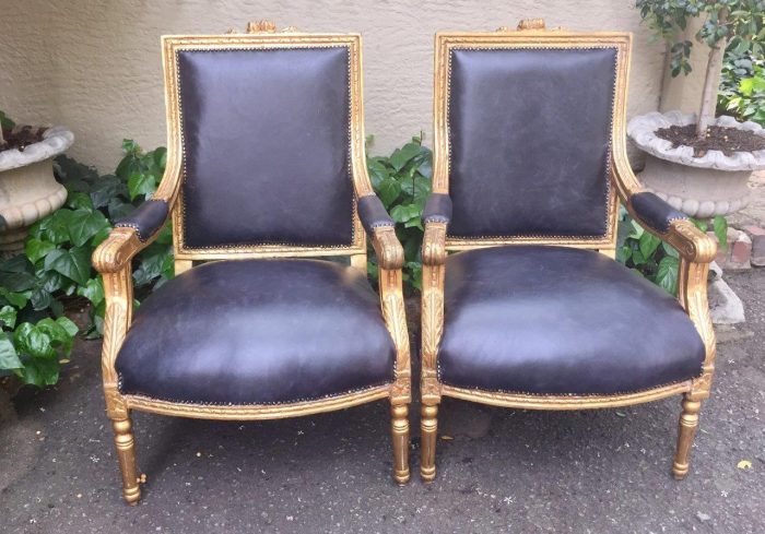 Pair of Gilded Armchairs  (Brand New Leather Upholstery)