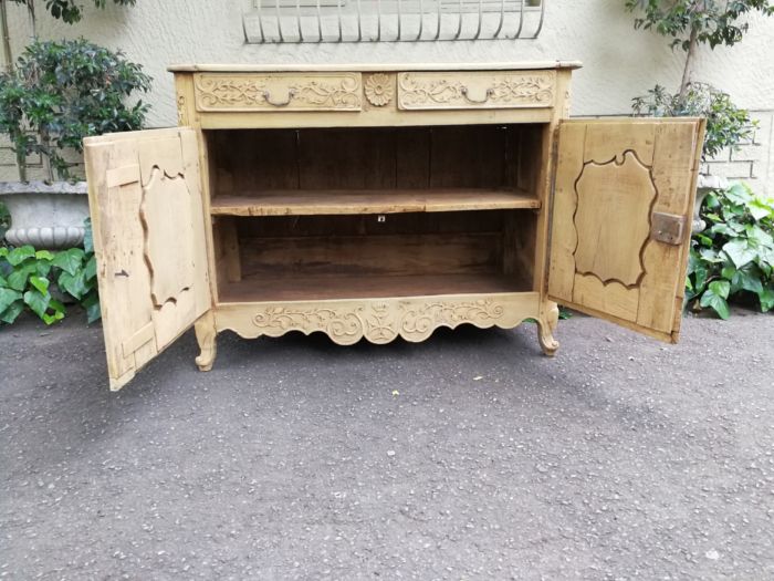 A Provincial Style French Oak Server in a Contemporary Bleached / Natural Wood Finish with Cream Marble Top - Image 7