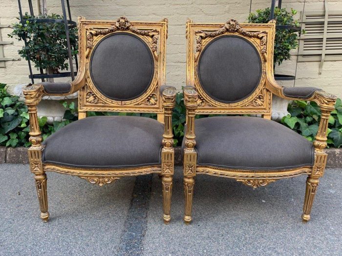 Pair of French Vintage Carved and Gilded Armchairs *New upholstery*