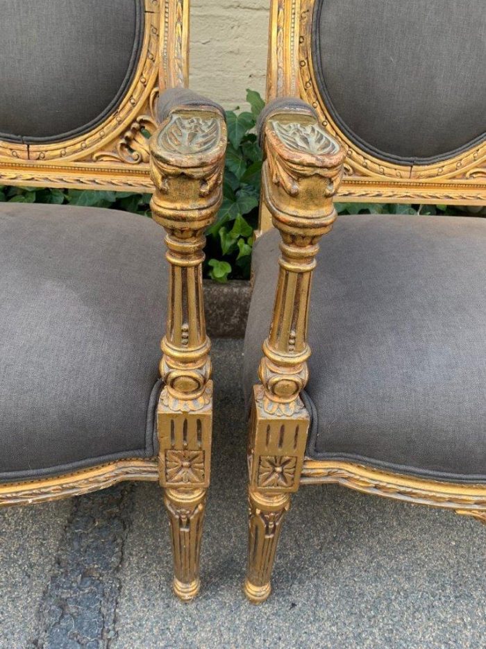 A 20th Century Pair (over 80 years old) of French Style Ornately Carved and Gilded Arm Chairs Upholstered in a French Linen ND - Image 3