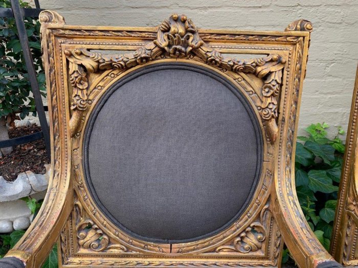 A 20th Century Pair (over 80 years old) of French Style Ornately Carved and Gilded Arm Chairs Upholstered in a French Linen ND - Image 5