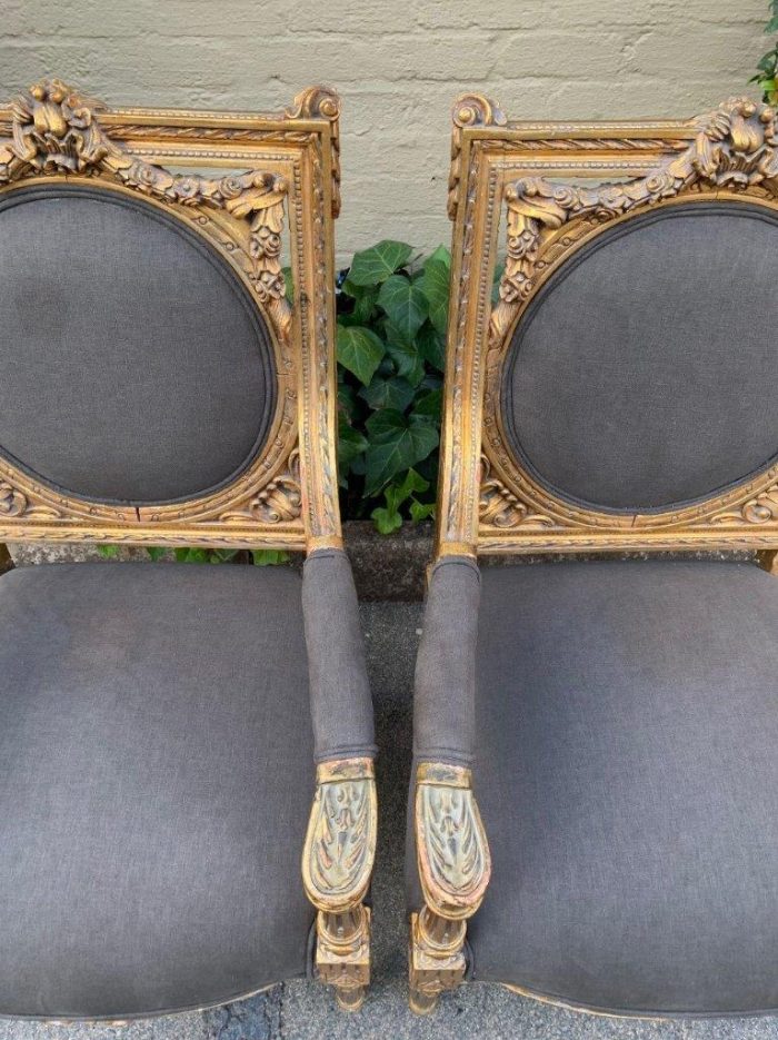 A 20th Century Pair (over 80 years old) of French Style Ornately Carved and Gilded Arm Chairs Upholstered in a French Linen ND - Image 6