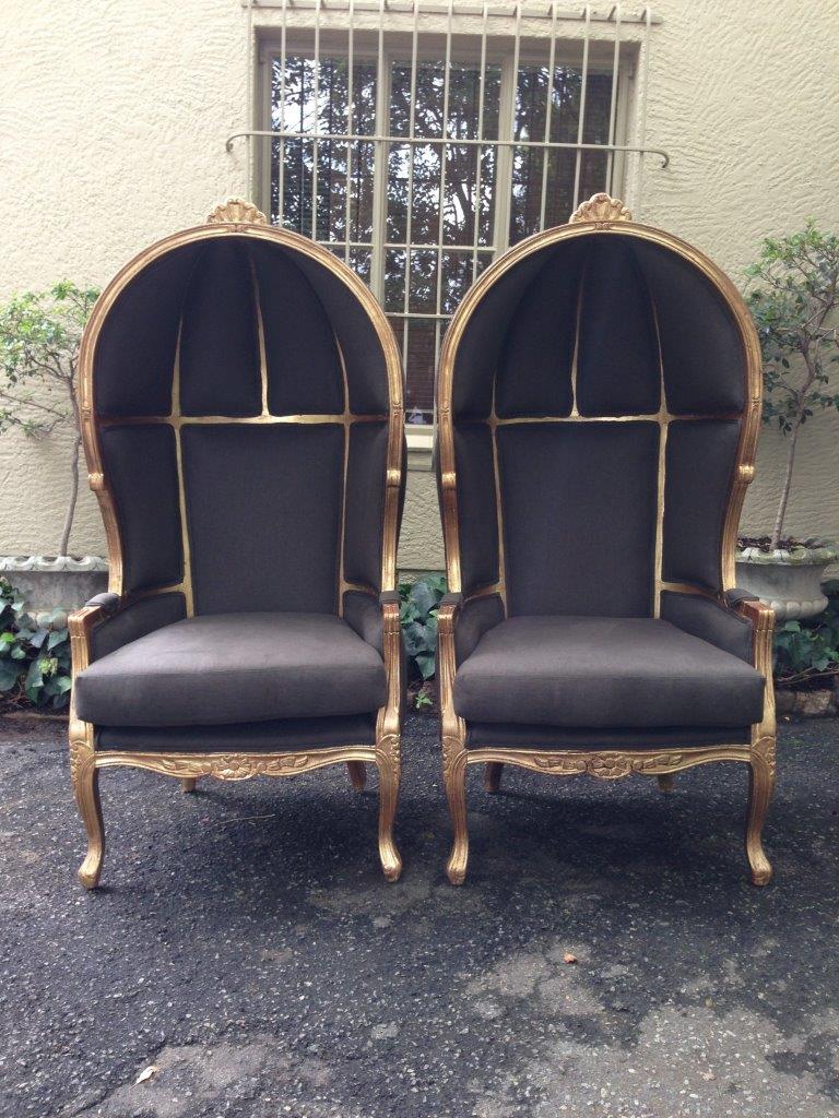 pair of french style gilded canopy  dome  porter chairs new upholstery