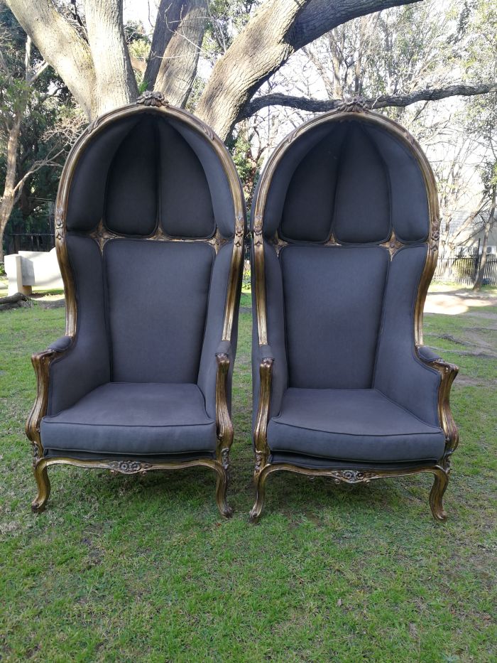 A Pair Of French Style Hand Gilded Dome Chairs Upholstered in a Contemporary Charcoal Linen