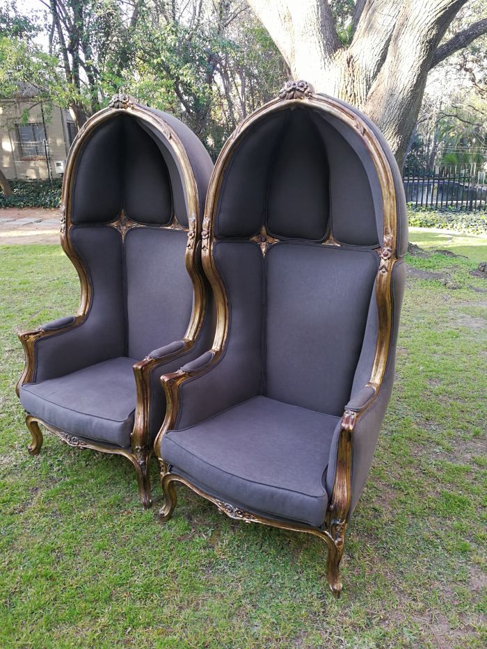 A Pair Of French Style Hand Gilded Dome Chairs Upholstered in a Contemporary Charcoal Linen - Image 3