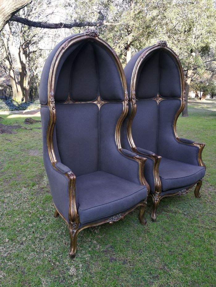 A Pair Of French Style Hand Gilded Dome Chairs Upholstered in a Contemporary Charcoal Linen - Image 4