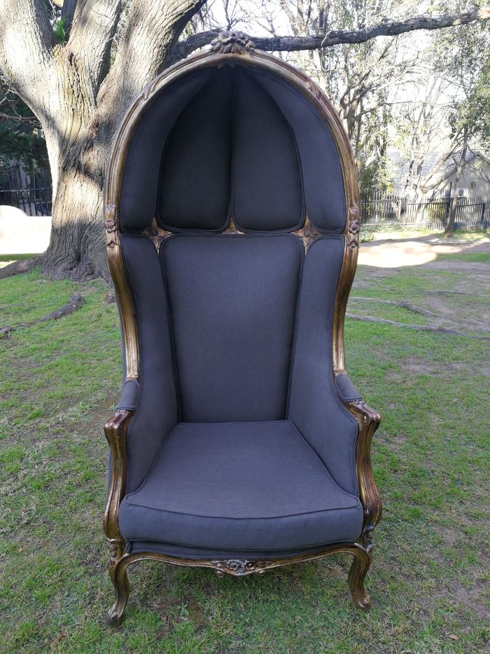 A Pair Of French Style Hand Gilded Dome Chairs Upholstered in a Contemporary Charcoal Linen - Image 5