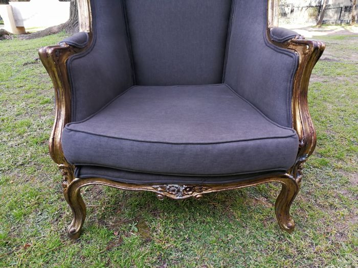 A Pair Of French Style Hand Gilded Dome Chairs Upholstered in a Contemporary Charcoal Linen - Image 6