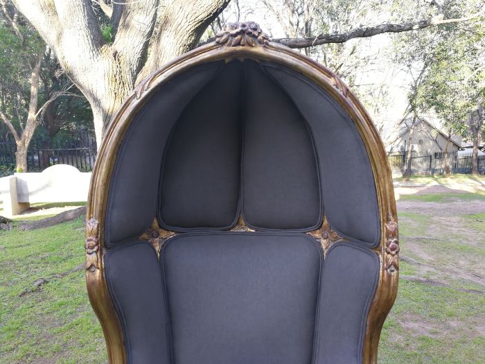 A Pair Of French Style Hand Gilded Dome Chairs Upholstered in a Contemporary Charcoal Linen - Image 7