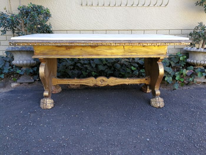 A 20TH Century Ornately Carved And Hand- Gilded Wooden Entrance Hall / Refectory / Dining Table with Marble Top (6-8 Seater)