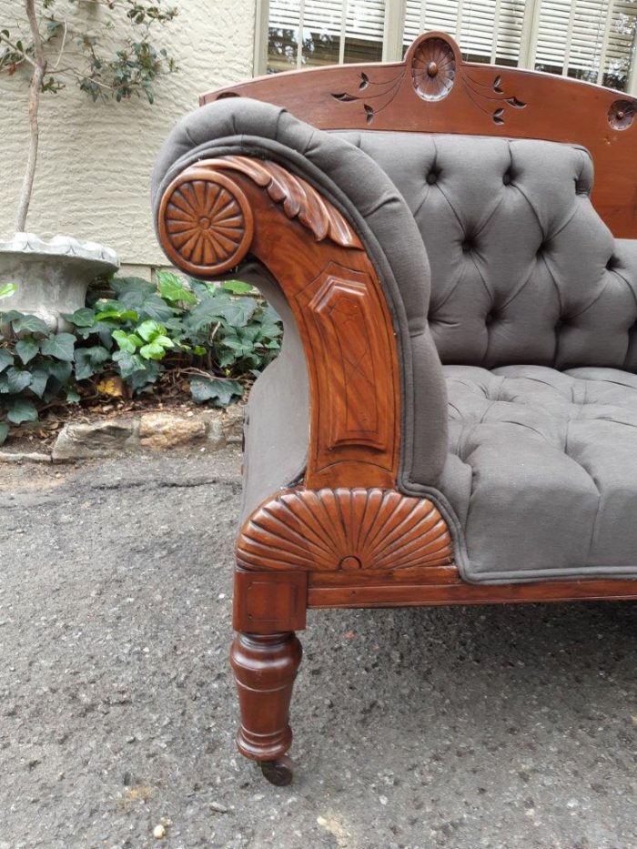 Victorian Eastlake Chaise Circa 1870/1890 (upholstered English linen deep buttoned upholstery) - Image 6