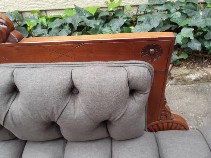 Victorian Eastlake Chaise Circa 1870/1890 (upholstered English linen deep buttoned upholstery) - Image 8