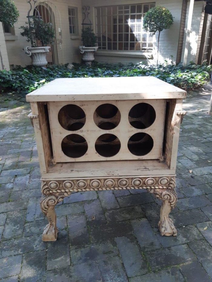 Ornately Carved Table With A Shabby Chic Paint Finish (Wine Bottle Holder On The Inside And No Door On The One Side) - Image 2