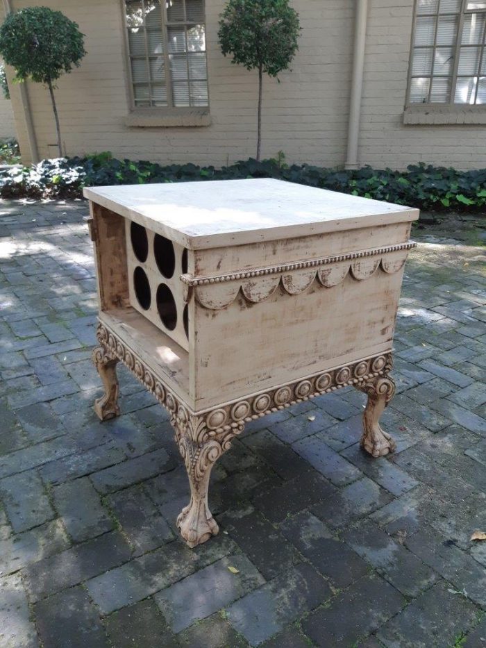 Ornately Carved Table With A Shabby Chic Paint Finish (Wine Bottle Holder On The Inside And No Door On The One Side) - Image 4