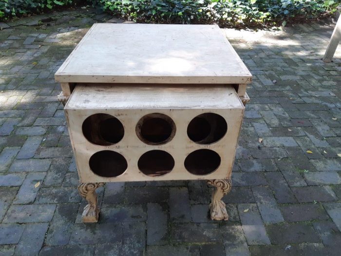 Ornately Carved Table With A Shabby Chic Paint Finish (Wine Bottle Holder On The Inside And No Door On The One Side) - Image 7