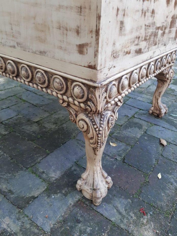 Ornately Carved Table With A Shabby Chic Paint Finish (Wine Bottle Holder On The Inside And No Door On The One Side) - Image 9