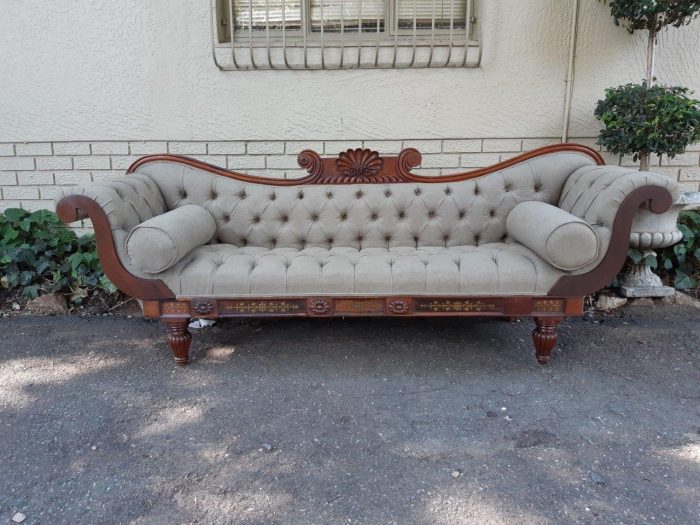 Victorian Rosewood Settee New English Linen Deep Buttoned