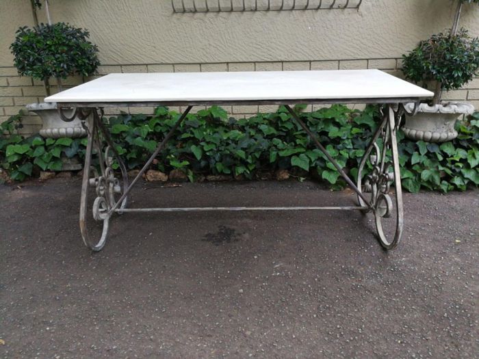 Ornate Wrought Iron Console Table With Marble Top