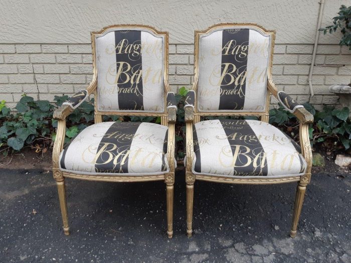 A Fine Pair of Antique/Vintage French Style Gilded Armchairs Upholstered in a Hand-painted Fabric - Image 3