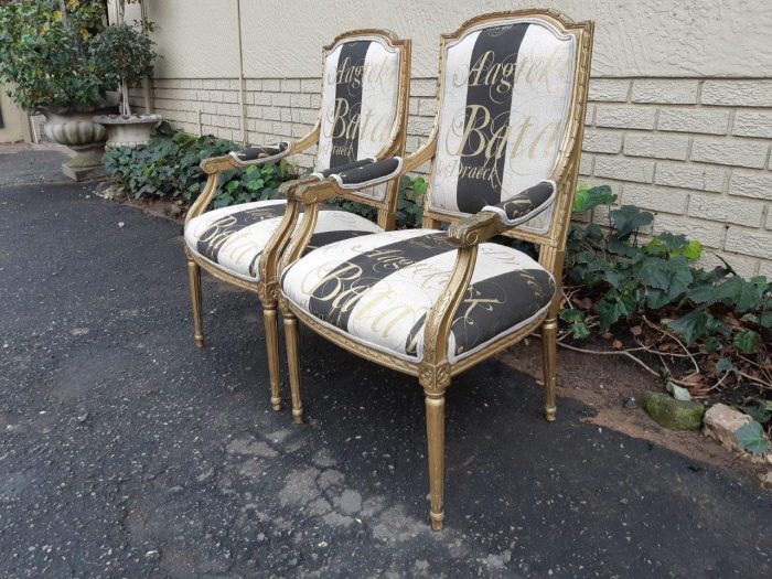 A Fine Pair of Antique/Vintage French Style Gilded Armchairs Upholstered in a Hand-painted Fabric - Image 5