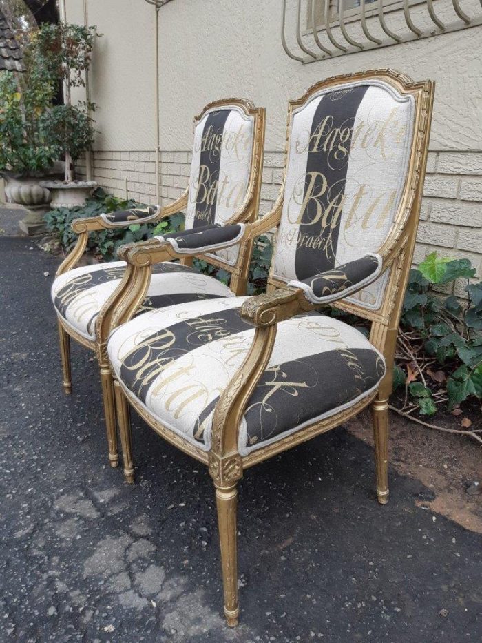 A Fine Pair of Antique/Vintage French Style Gilded Armchairs Upholstered in a Hand-painted Fabric - Image 6