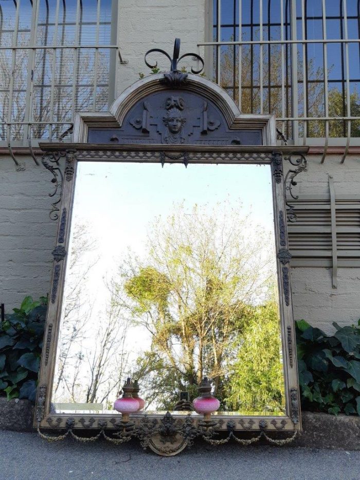 Victorian Gilded Mirror  Wooden Mirror with a Brass Rim and Oil Lamps.  Circa Mid/Late 1800s - Image 2