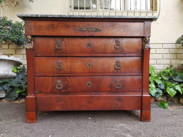 Rare Original French Empire Walnut Commode With Fossil Marble Top And Gilt Bronze Mountings