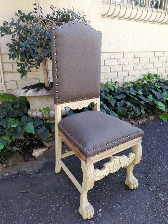 A Set of Six Carved and Bleached / Natural Wood Finish Oak Wooden Chairs on Lion Paw Feet  Upholstered in an Imported English Grey Linen - Image 7