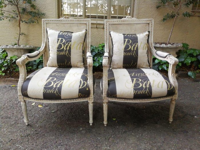 Pair Of French Style Rattan Painted Armchairs Upholstered In Imported Hand Painted Linen