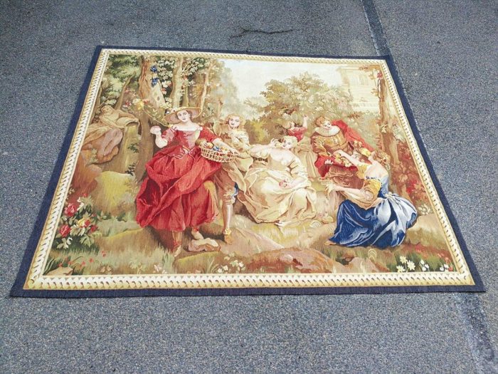 Antique Aubusson French Tapestry Garden Party Scene Hand Woven Circa.19th Century - Image 2