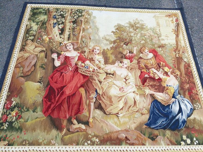 Antique Aubusson French Tapestry Garden Party Scene Hand Woven Circa.19th Century - Image 3