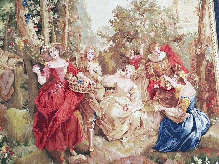 Antique Aubusson French Tapestry Garden Party Scene Hand Woven Circa.19th Century - Image 4