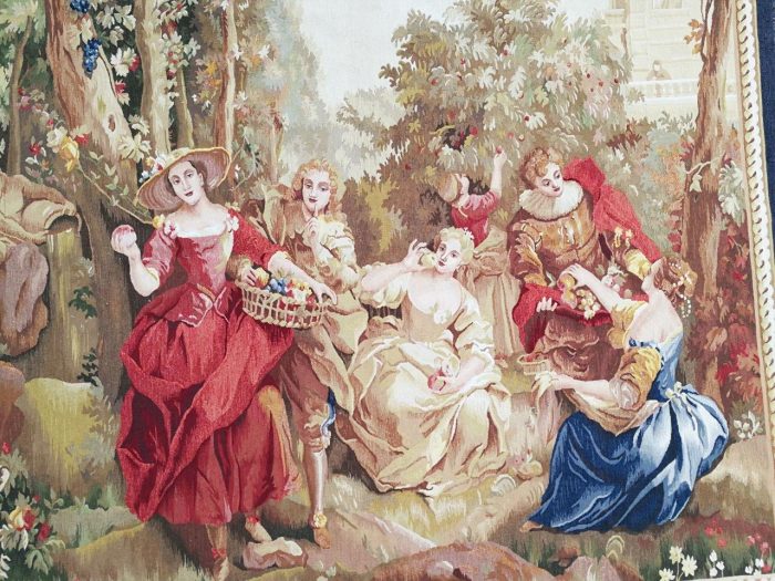 Antique Aubusson French Tapestry Garden Party Scene Hand Woven Circa.19th Century - Image 5