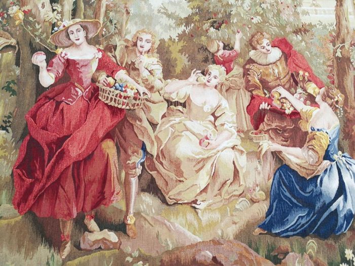 Antique Aubusson French Tapestry Garden Party Scene Hand Woven Circa.19th Century - Image 6