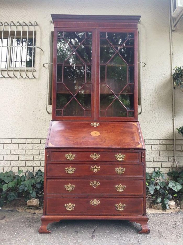 Edwardian Cubin Mahogany Secretaire With Inlaid Marquetry On Shaped Bracket Feet