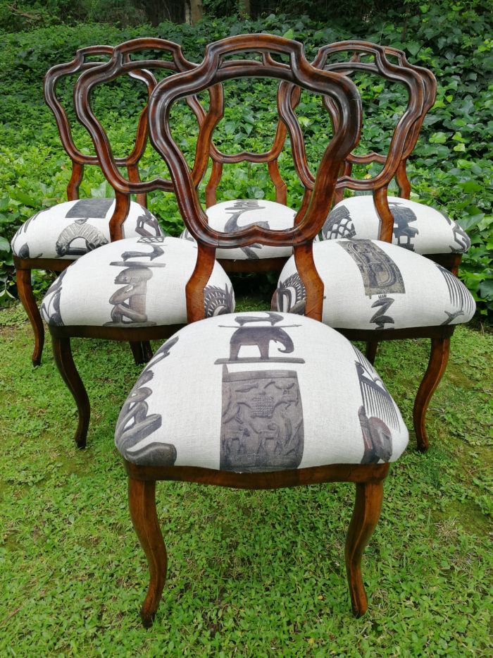 Set of 6 / six Circa 1910 Walnut Chairs Upholstered in a Contemporary Hertex Fabric - Image 2