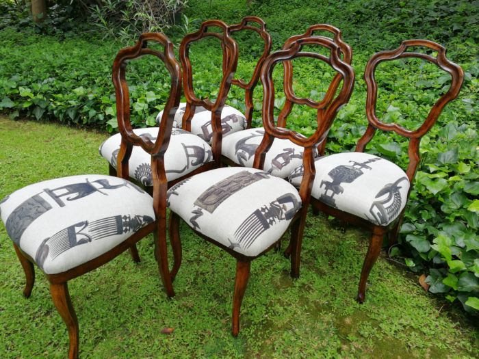 Set of 6 / six Circa 1910 Walnut Chairs Upholstered in a Contemporary Hertex Fabric - Image 4