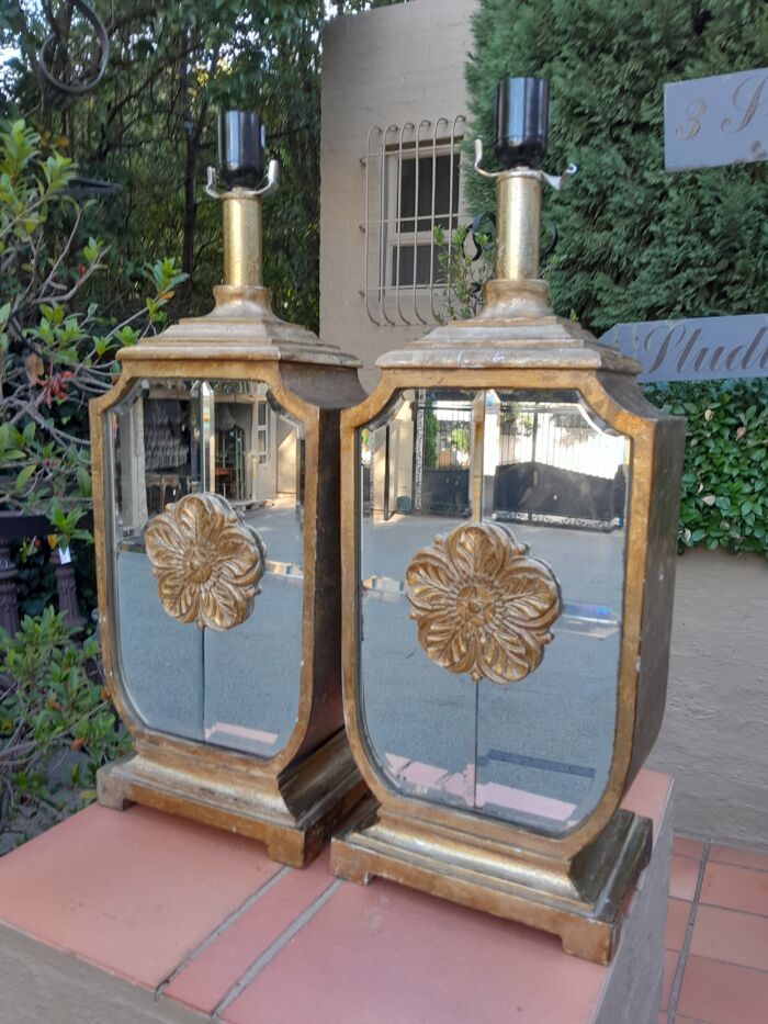 A 20TH Century French Style Pair of Mirrored and Gold Table Lamps with New Rotary Switches