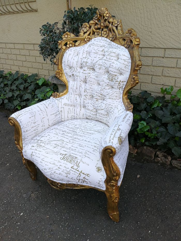 A Pair Of French Baroque Ornately Carved Gilded Arm Chairs Upholstered in an Exclusive and Custom-made Hand Printed Imported Linen for The Crown Collection - Image 7