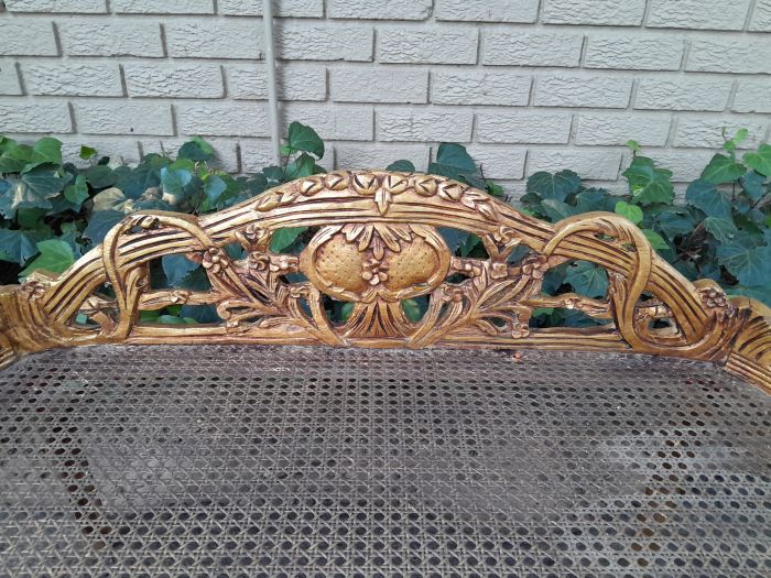 A French Style Set Of Carved and Hand-Gilded Rattan Settee With Two Chairs - Image 7