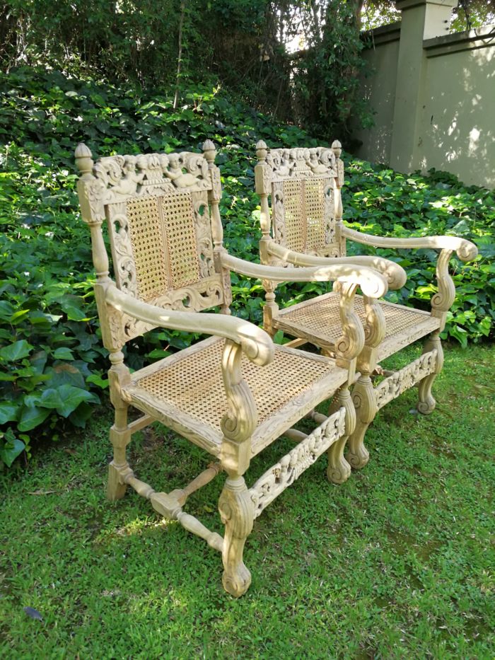 A Pair Or Ornately Carved And Bleached / Natural Wood Finish With Redone Rattan Arm Chairs - Image 4