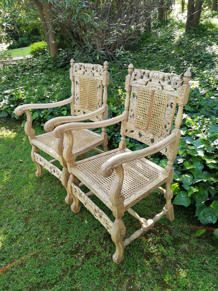 A Pair Or Ornately Carved And Bleached / Natural Wood Finish With Redone Rattan Arm Chairs - Image 5