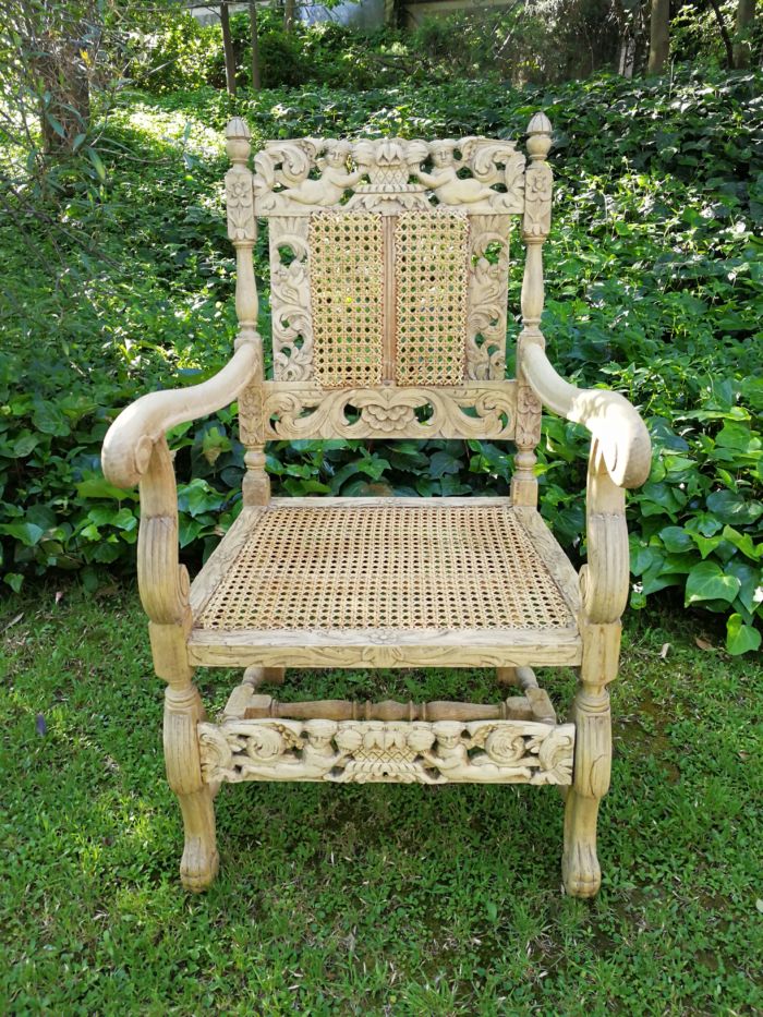 A Pair Or Ornately Carved And Bleached / Natural Wood Finish With Redone Rattan Arm Chairs - Image 6