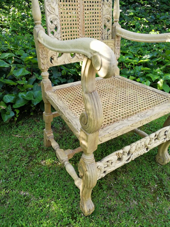 A Pair Or Ornately Carved And Bleached / Natural Wood Finish With Redone Rattan Arm Chairs - Image 7