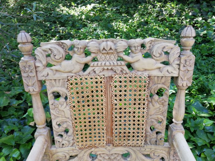 A Pair Or Ornately Carved And Bleached / Natural Wood Finish With Redone Rattan Arm Chairs - Image 8