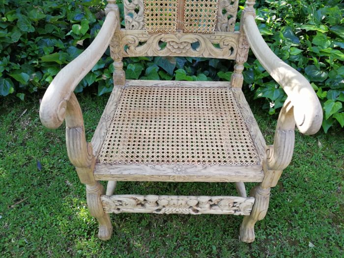 A Pair Or Ornately Carved And Bleached / Natural Wood Finish With Redone Rattan Arm Chairs - Image 9